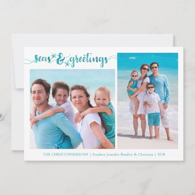 Tropical Starfish SEAsons Greetings | Two Photos Holiday Card (Front)