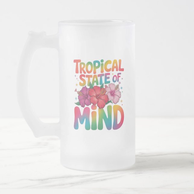 Tropical State of Mind Summer Beach Graphic Frosted Glass Beer Mug (Left)