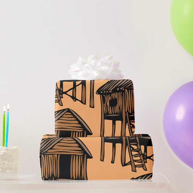 Tropical Stilt House Traditional Thatched Hut Wrapping Paper (Creator Uploaded)