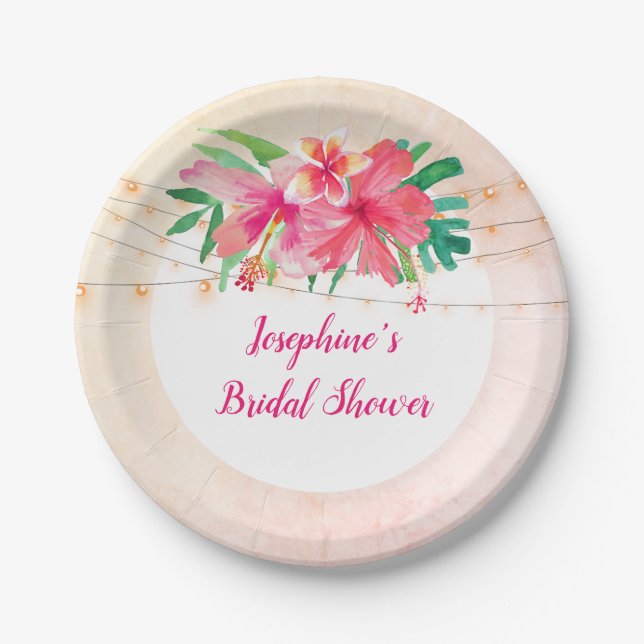 Tropical String Lights Floral Bridal Shower Paper Plates (Front)