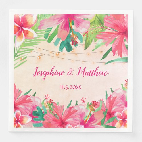 Tropical String Lights Floral Watercolor Wedding Paper Dinner Napkins