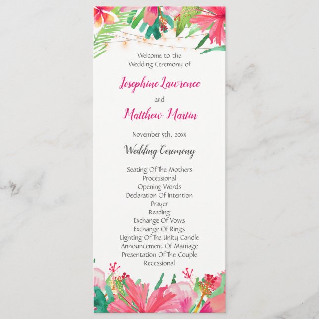 Tropical String Lights Floral Wedding Program (Front)