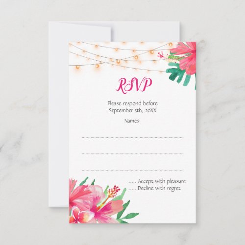 Tropical String Lights Floral Wedding RSVP Cards