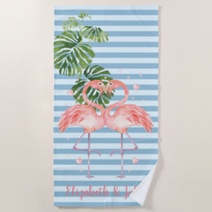 Tropical ,Striped ,Flamingos In Love Beach Towel