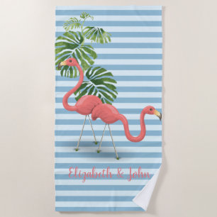 Tropical ,Striped ,Flamingos-Personalized Beach Towel