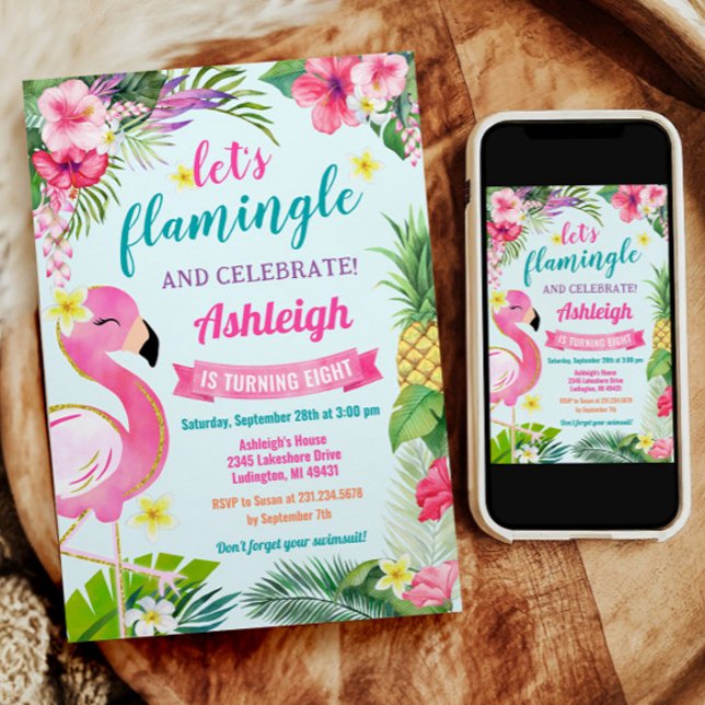 Tropical Summer 8th Birthday Invitation (Summer Tropical Flamingo 8th Birthday Party Invitation)