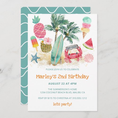 Tropical Summer Beach 2nd Birthday Party Invitation
