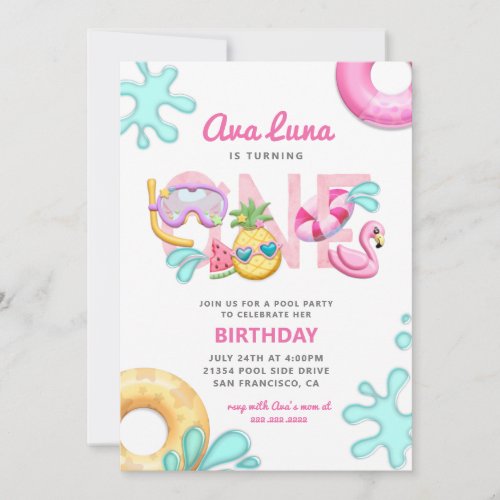 Tropical Summer Beach Girl 1st Birthday Photo Invitation