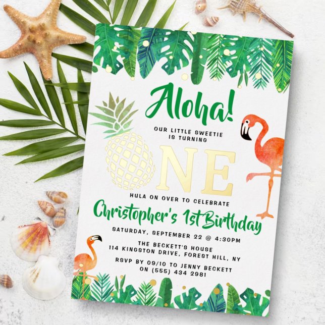 Tropical Summer Beach Luau Boys 1st Birthday Real Foil Invitation