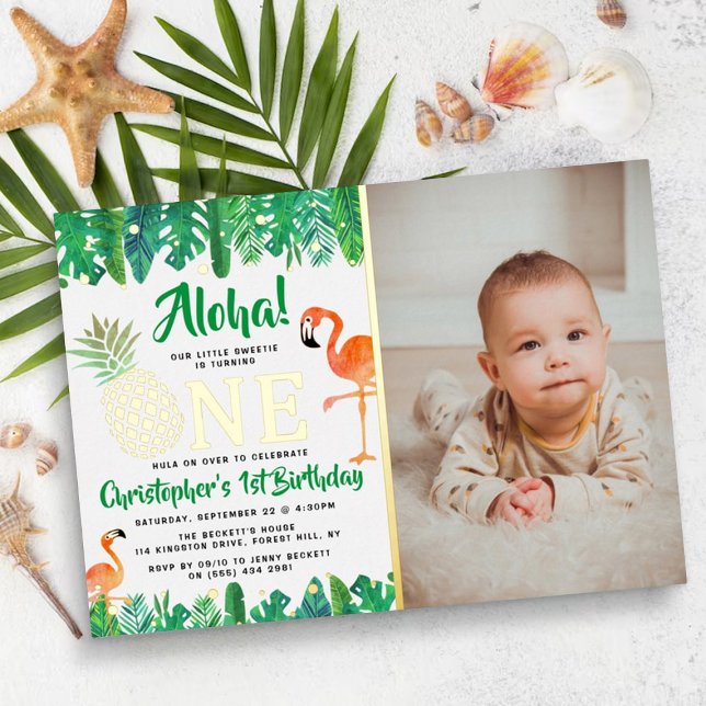 Tropical Summer Beach Luau Boys 1st Birthday Real Foil Invitation (Creator Uploaded)