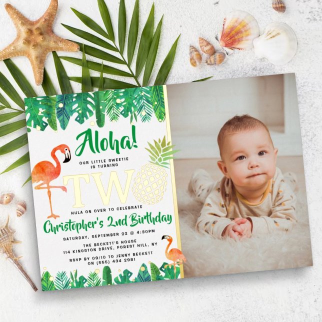 Tropical Summer Beach Luau Boys 2nd Birthday Photo Foil Invitation (Creator Uploaded)