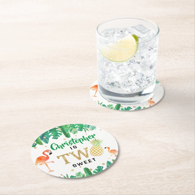 Tropical Summer Beach Luau Boys 2nd Birthday Round Paper Coaster (Insitu)