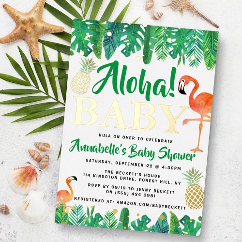Tropical Summer Beach Luau Boys Baby Shower Real Foil Invitation