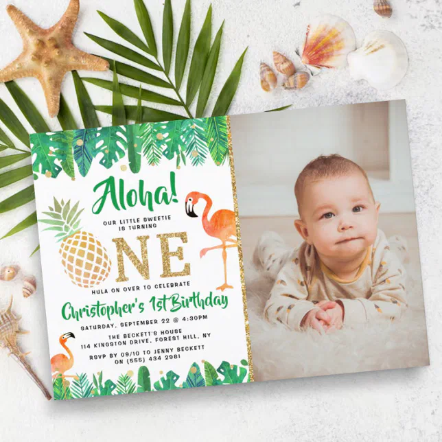 Tropical Summer Beach Luau Boys Photo 1st Birthday Invitation | Zazzle