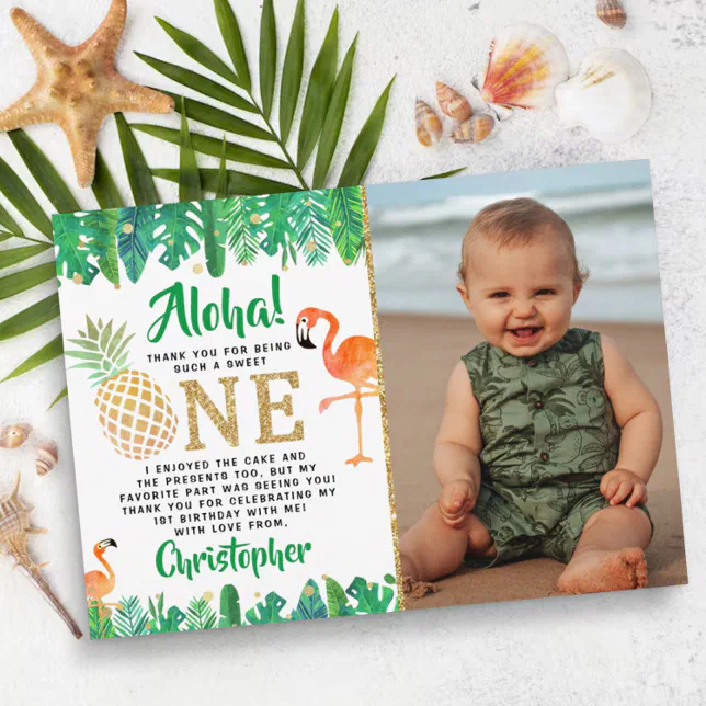 Tropical Summer Beach Luau Boys Photo 1st Birthday Thank You Card 