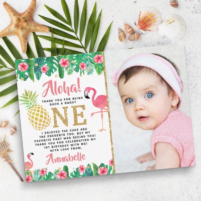 Tropical Summer Beach Luau Girl Photo 1st Birthday Thank You Card (Creator Uploaded)