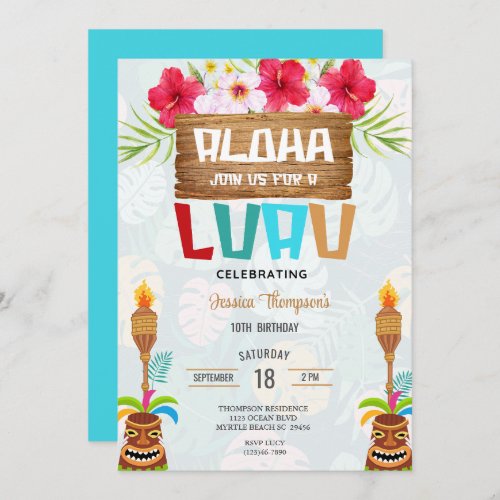 Tropical Summer Beach Luau Girls 10th Birthday  Invitation