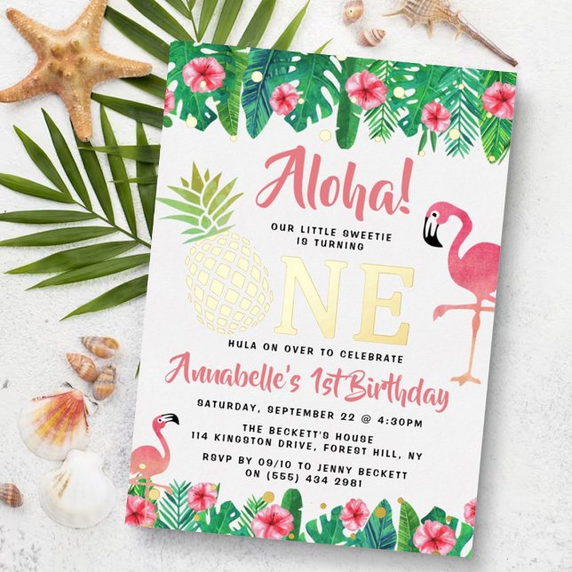 Tropical Summer Beach Luau Girls 1st Birthday Real Foil Invitation (Creator Uploaded)