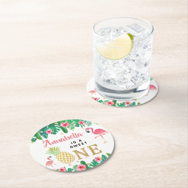 Tropical Summer Beach Luau Girls 1st Birthday Round Paper Coaster (Insitu)