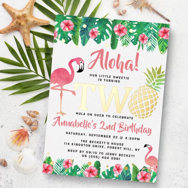 Tropical Summer Beach Luau Girls 2nd Birthday Real Foil Invitation (Creator Uploaded)