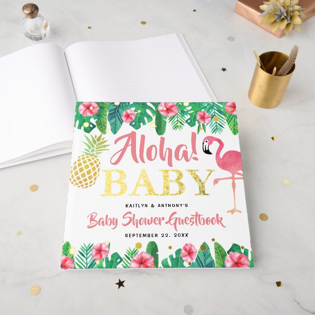 Tropical Summer Beach Luau Girls Baby Shower Real Foil Guest Book (Front Open)