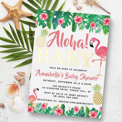 Tropical Summer Beach Luau Girls Baby Shower Real Foil Invitation