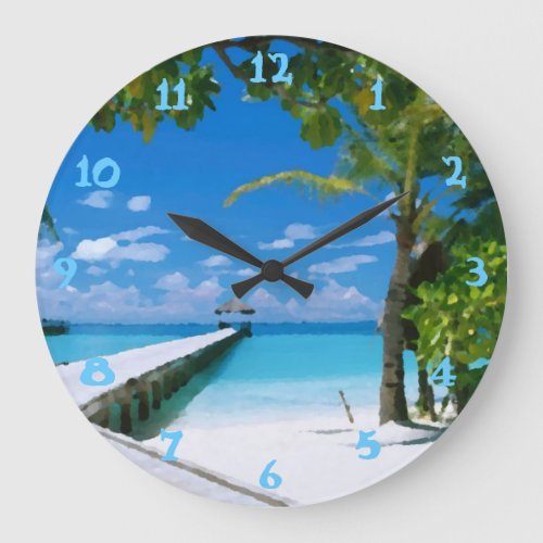 Tropical Summer Beach Ocean Watercolor Large Clock