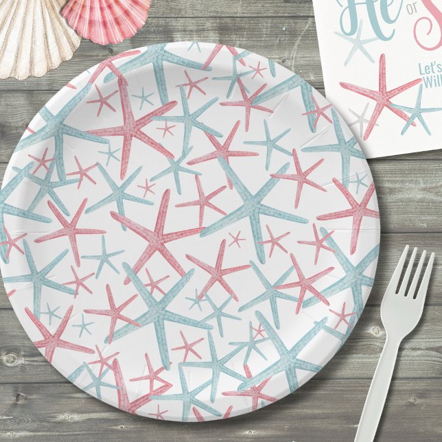 Tropical Summer Beach Party Paper Plates (Teal Pink Coastal Tropical Starfish Summer Beach Paper Plates)