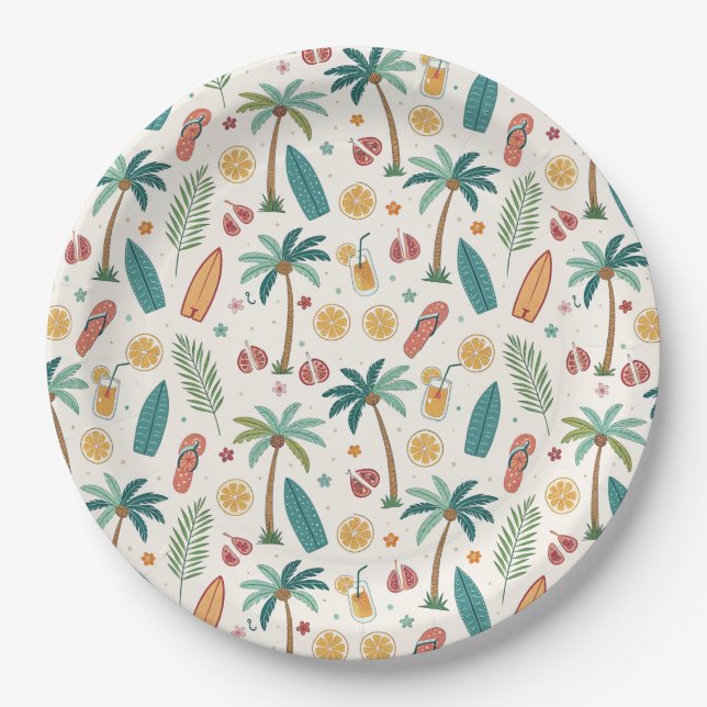 Tropical Summer Beach Pattern (1) Paper Plates (Front)