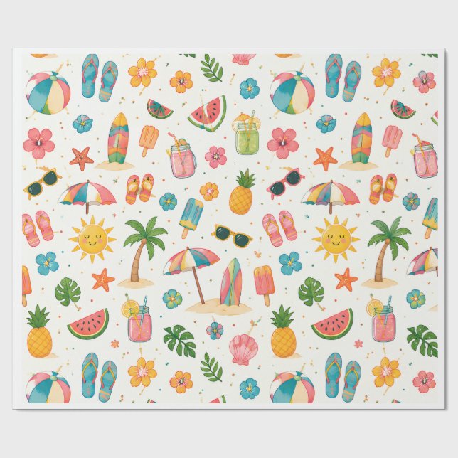 Tropical Summer Beach Pattern Wrapping Paper (Flat)