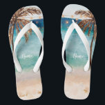 tropical summer beach scene palm trees flip flops<br><div class="desc">A tropical summer beach scene design featuring palm trees, sand, sea and blue sky make these flip flops perfect for your summer holidays/trips this year. Or just wear them at home :) This design is featured in my wedding collection so they would make perfect bridal shower accessories for your posse!...</div>