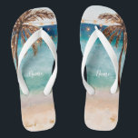 tropical summer beach scene palm trees flip flops<br><div class="desc">A tropical summer beach scene design featuring palm trees, sand, sea and blue sky make these flip flops perfect for your summer holidays/trips this year. Or just wear them at home :) This design is featured in my wedding collection so they would make perfect bridal shower accessories for your posse!...</div>