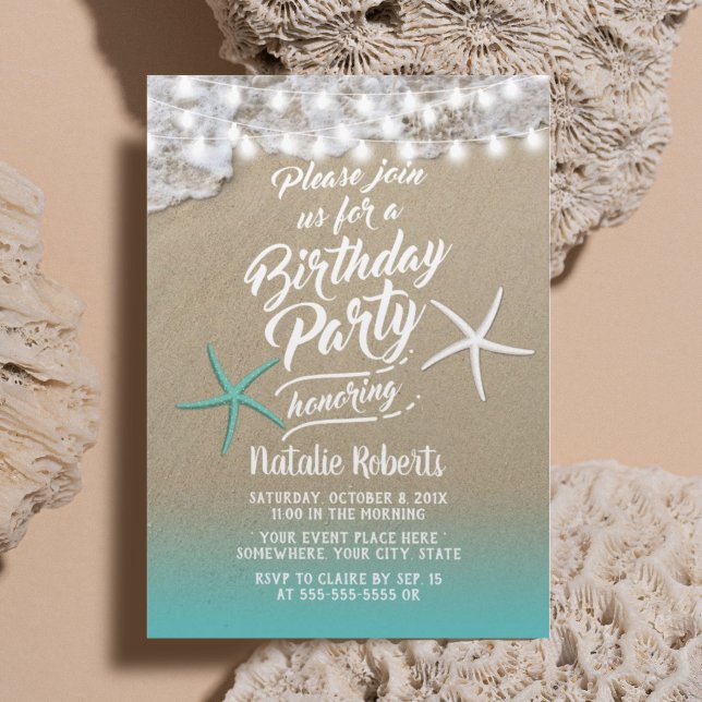 Tropical Summer Beach Starfish Birthday Party Invitation