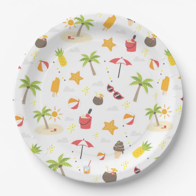 Tropical Summer Beach Vacation Pattern Design Paper Plates (Front)
