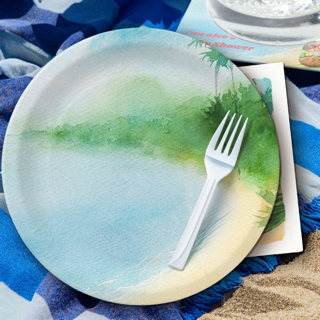 Tropical Summer Beach Watercolor Ocean Bay Paper Plates (Summer tropical beach theme party plates from my Baby on Board baby shower collection)