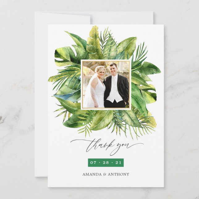 Tropical Summer Beach Wedding Photo Collage Thank You Card (Front)