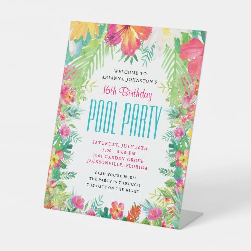 Tropical Summer Birthday Luau Pool Party Welcome Pedestal Sign