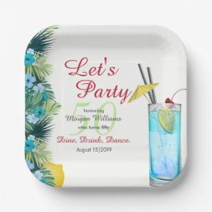 Tropical Summer Blue Cocktail 50th Birthday Party Paper Plates