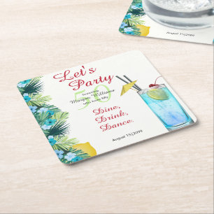 Tropical Summer Blue Cocktail 50th Birthday Party Square Paper Coaster