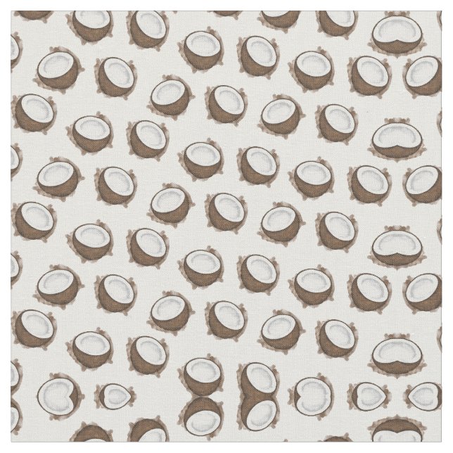 Tropical Summer Brown White Coconut Fruit Pattern Fabric (Close Up)