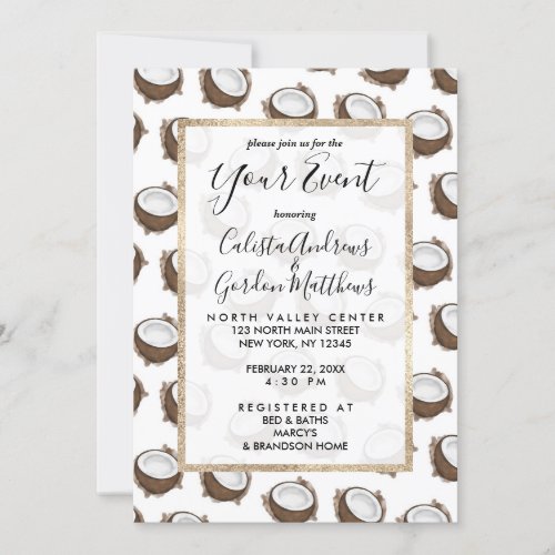 Tropical Summer Brown White Coconut Fruit Pattern Invitation