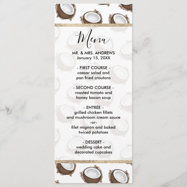 Tropical Summer Brown White Coconut Fruit Pattern Menu (Front)