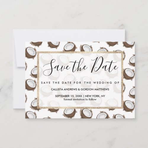 Tropical Summer Brown White Coconut Fruit Pattern Save The Date