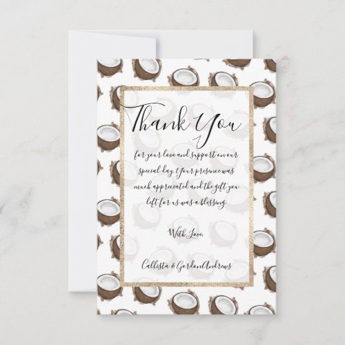 Tropical Summer Brown White Coconut Fruit Pattern Thank You Card