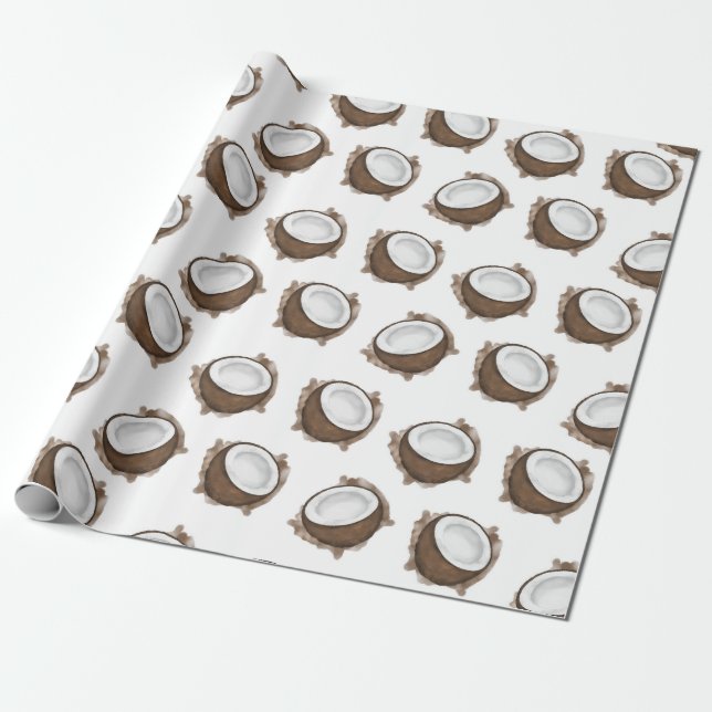 Tropical Summer Brown White Coconut Fruit Pattern Wrapping Paper (Unrolled)