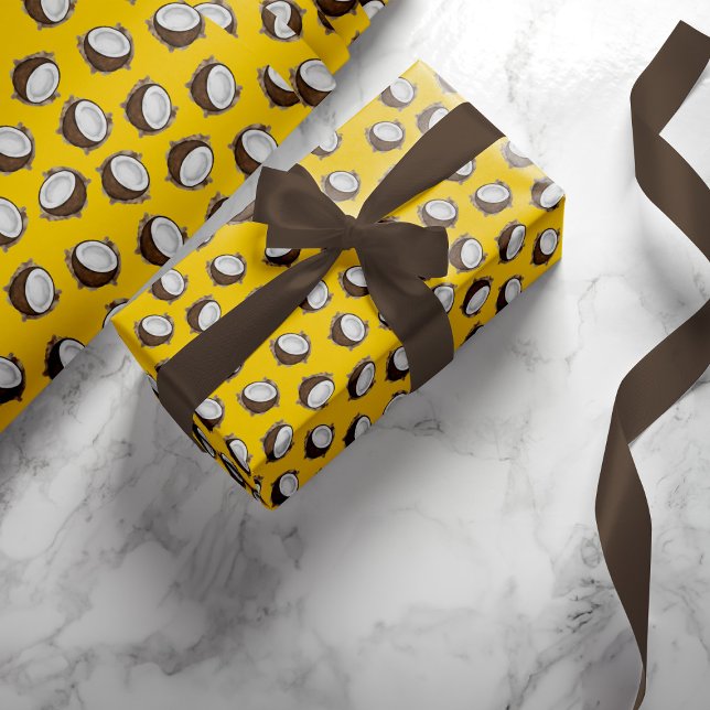 Tropical Summer Brown Yellow Coconut Fruit Pattern Wrapping Paper (Creator Uploaded)