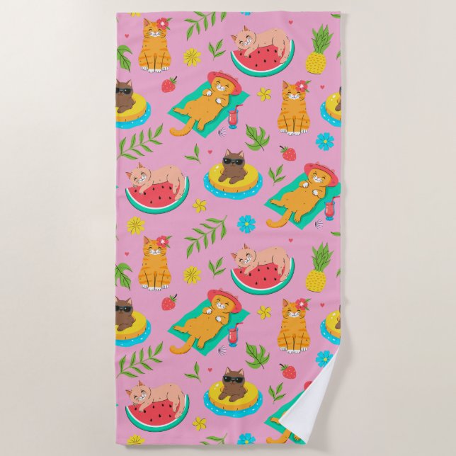 Tropical Summer Cats Beach Towel (Front)