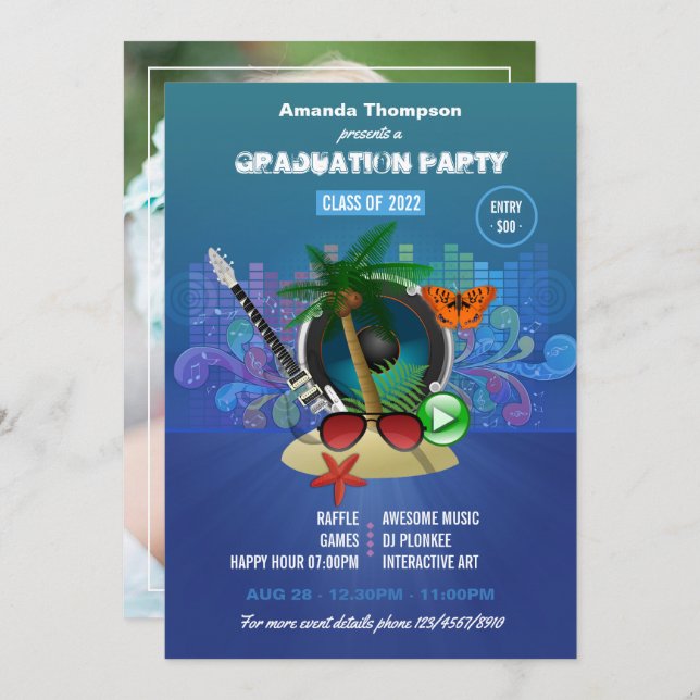 Tropical Summer Club Beach Graduation Party Invitation (Front/Back)