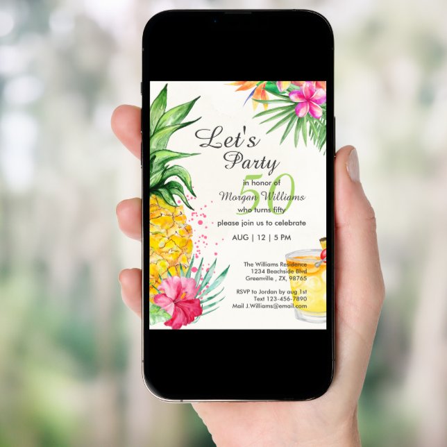 Tropical Summer Cocktail 50th Birthday Party Invitation (Front Digital)