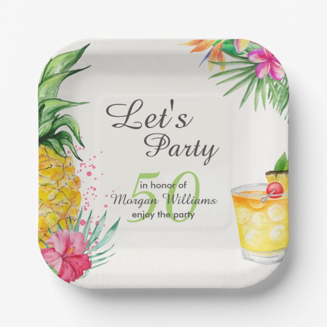 Tropical Summer Cocktail 50th Birthday Party Paper Plates (Front)